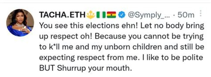 
2023: Don’t Expect Respect From Me, Because You’re Trying To Kill Me And My Unborn Children-Tacha 