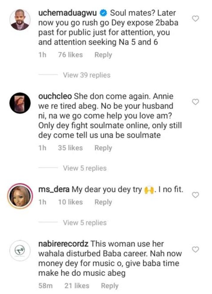 
“You And Attention Seeking Nah 5&6” – Uche Maduagwu Slams Annie Idibia After She Declared 2baba Her Soulmate 